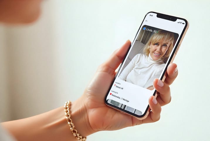 A woman looking at her profile in the dating app